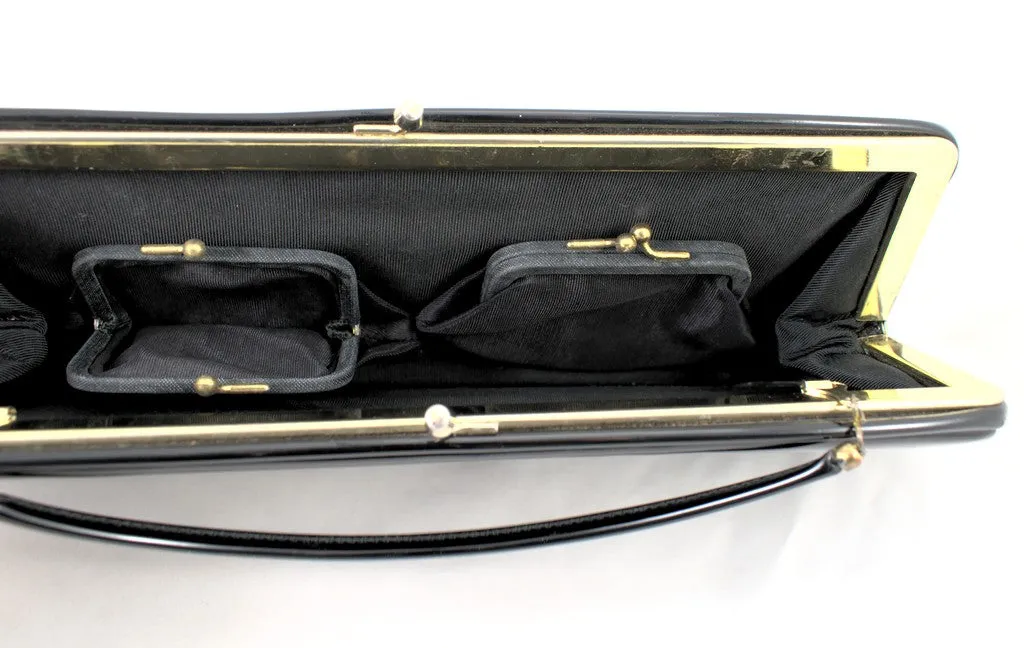 1950s Black Vintage Patent Flat Handbag