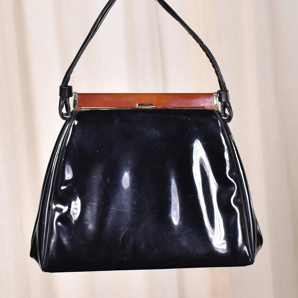 1950s Vintage Black & Brown Patent Bag