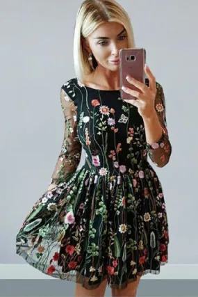 A Line 3D Lace Homecoming Long Sleeves Cute Prom Dress with Flowers