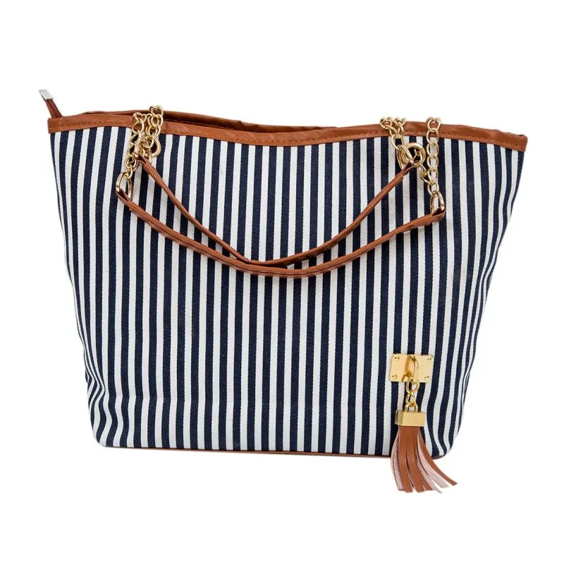 ABDB Striped Canvas Handbag Women Shoulder Bags Beach Bag Fashion Zipper Tassel Women Handbag Big Tote Bag