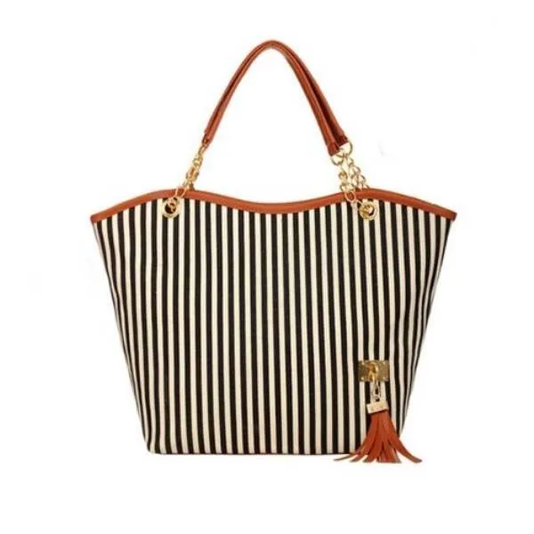 ABDB Striped Canvas Handbag Women Shoulder Bags Beach Bag Fashion Zipper Tassel Women Handbag Big Tote Bag