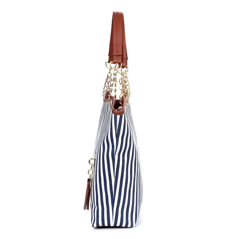 ABDB Striped Canvas Handbag Women Shoulder Bags Beach Bag Fashion Zipper Tassel Women Handbag Big Tote Bag