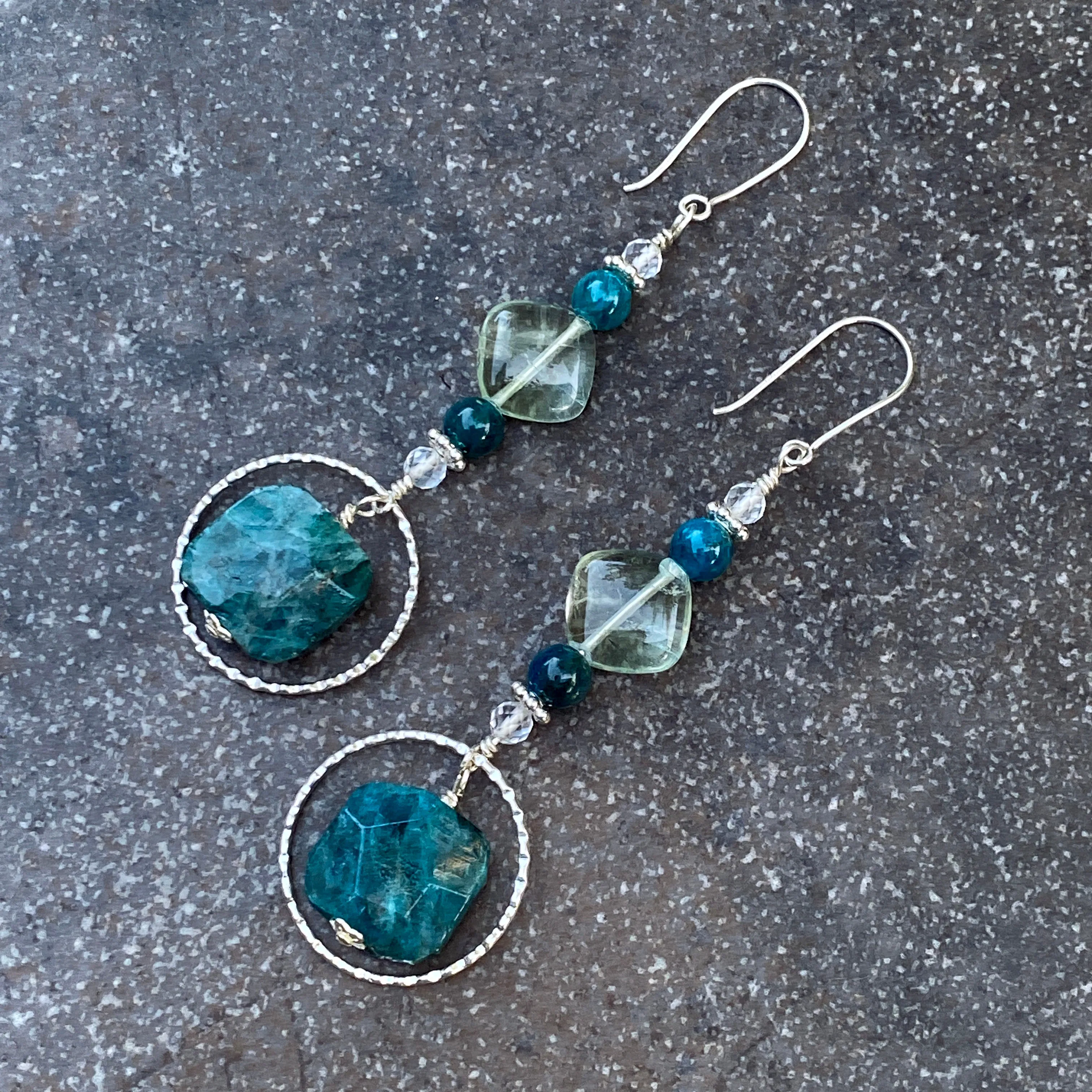 Apatite, Fluorite, White Topaz, and Sterling Silver Long Drop Earrings