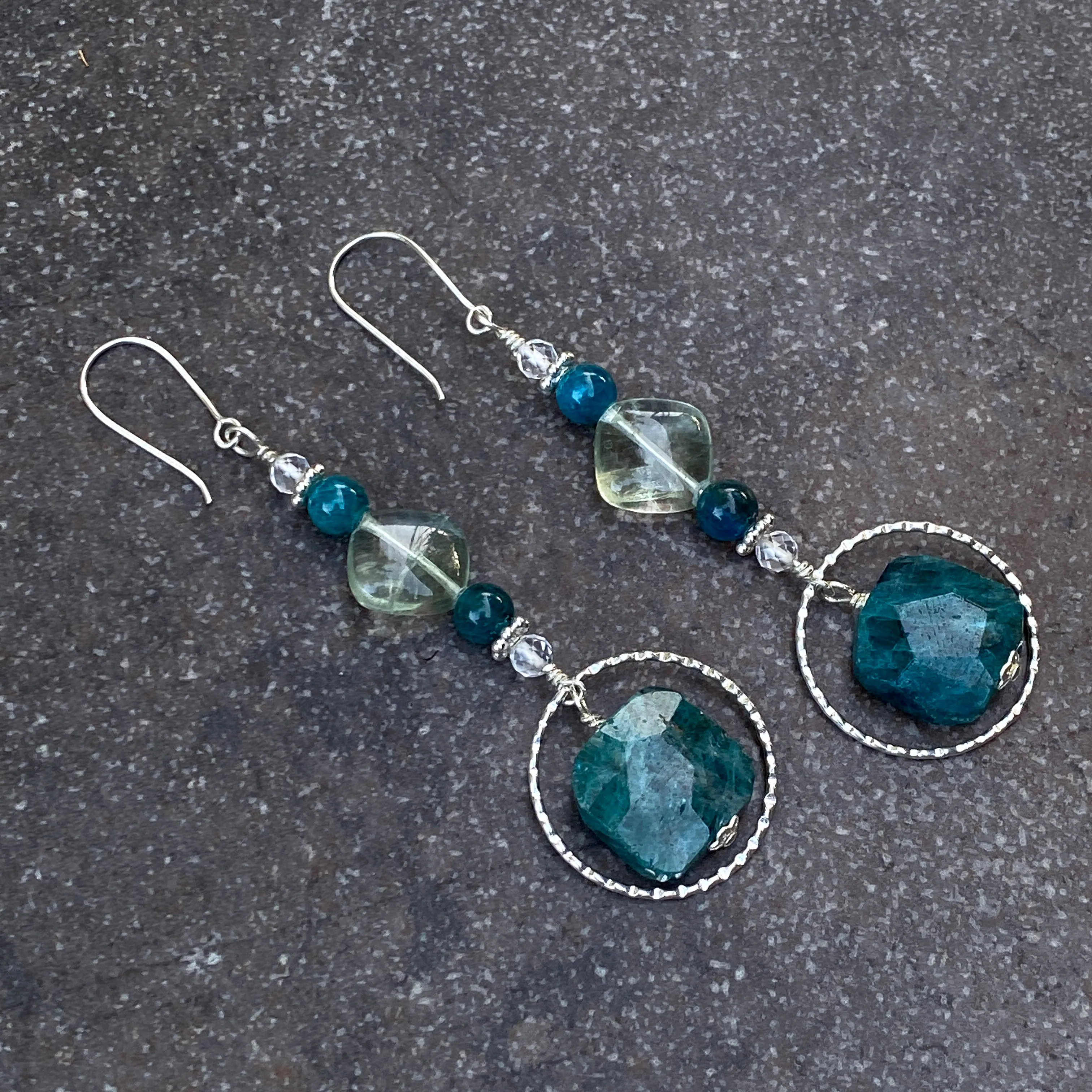 Apatite, Fluorite, White Topaz, and Sterling Silver Long Drop Earrings