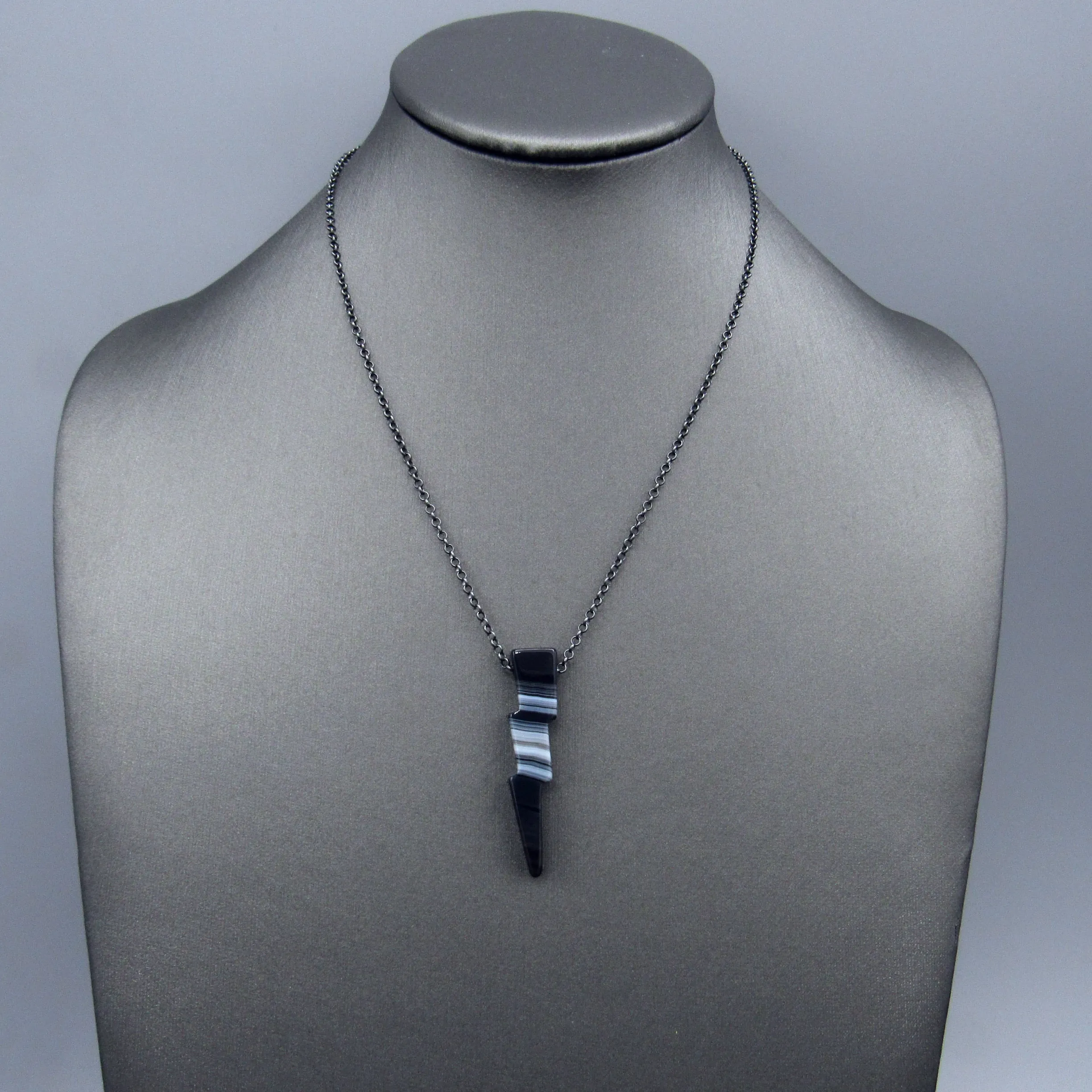 Black Banded Striped Agate Lightning Bolt W/ Oxidized Sterling Silver Chain