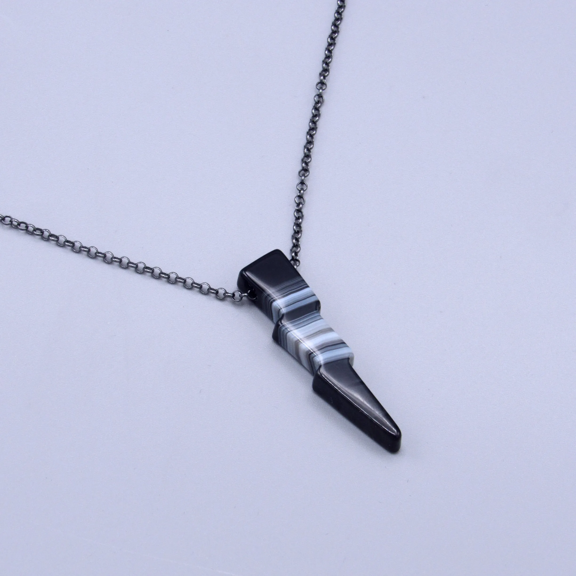 Black Banded Striped Agate Lightning Bolt W/ Oxidized Sterling Silver Chain