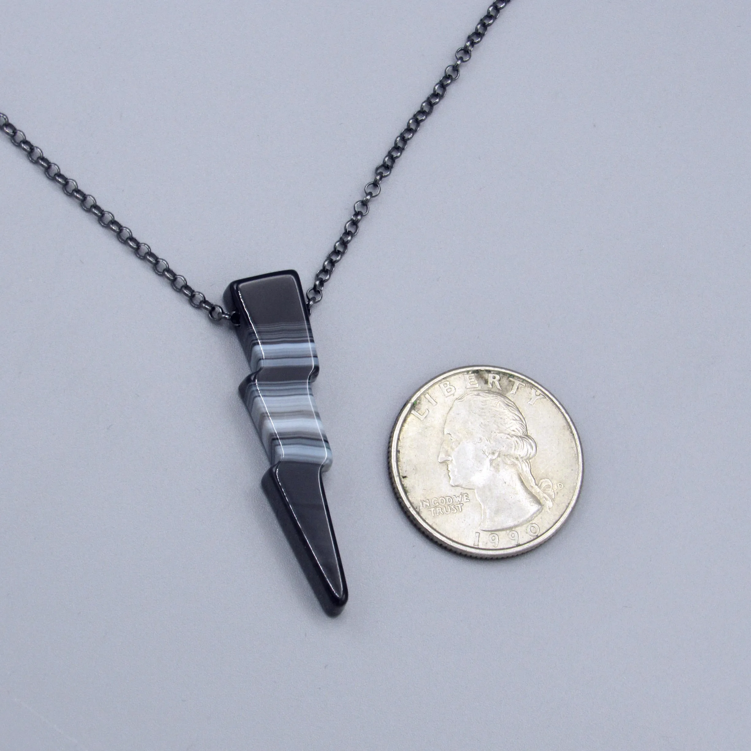 Black Banded Striped Agate Lightning Bolt W/ Oxidized Sterling Silver Chain