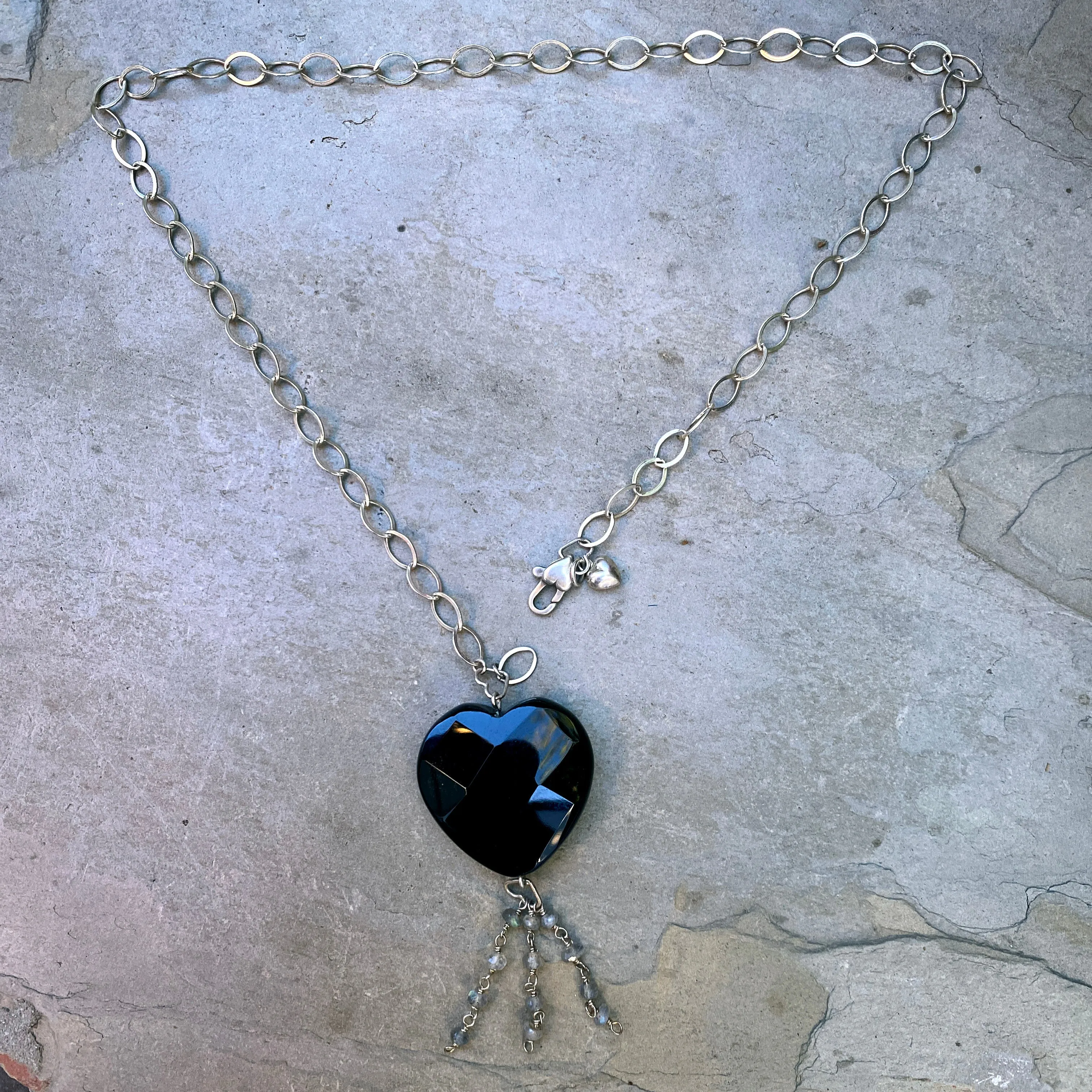 Black Onyx Faceted Heart Pendant w/ Labradorite on Sterling Silver Chain