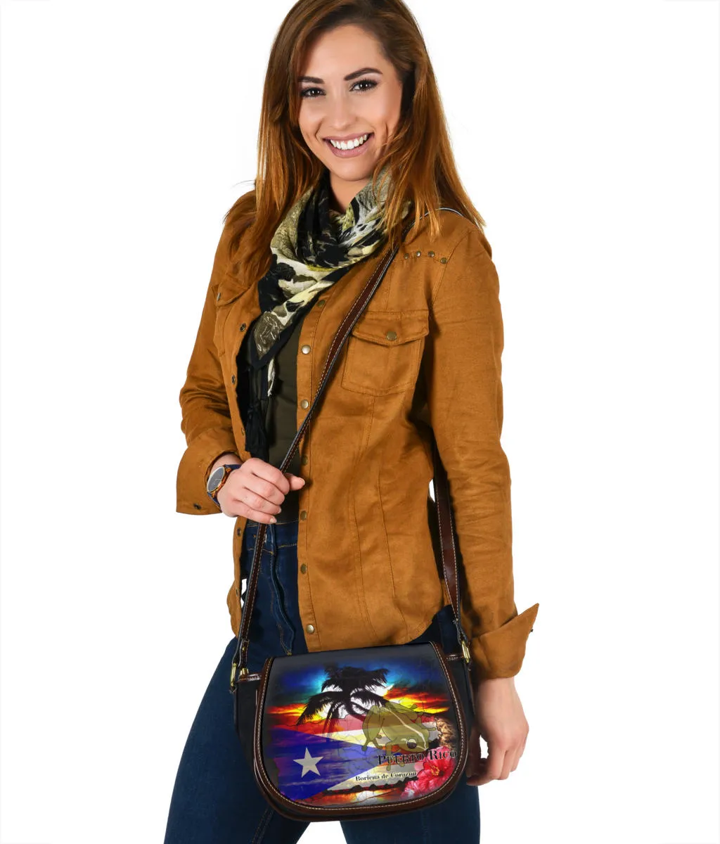 Boricua De Corazon Canvas Leather Trim Saddle Bag