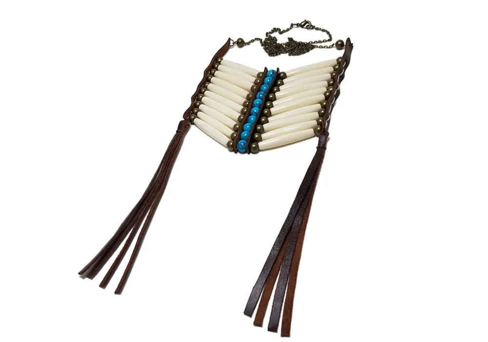 Breast Plate Necklace Ivory Hairpipe Turquoise And Bronze Bead Festival Jewelry Brown Genuine Leather Fringe