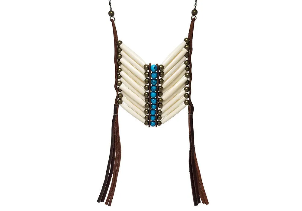 Breast Plate Necklace Ivory Hairpipe Turquoise And Bronze Bead Festival Jewelry Brown Genuine Leather Fringe