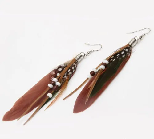 Brown Feather Boho Earrings With Beads Spotted Guinea Hen Feathers Beaded With Brown And White Beads Genuine Suede Fringe On Ear Wire