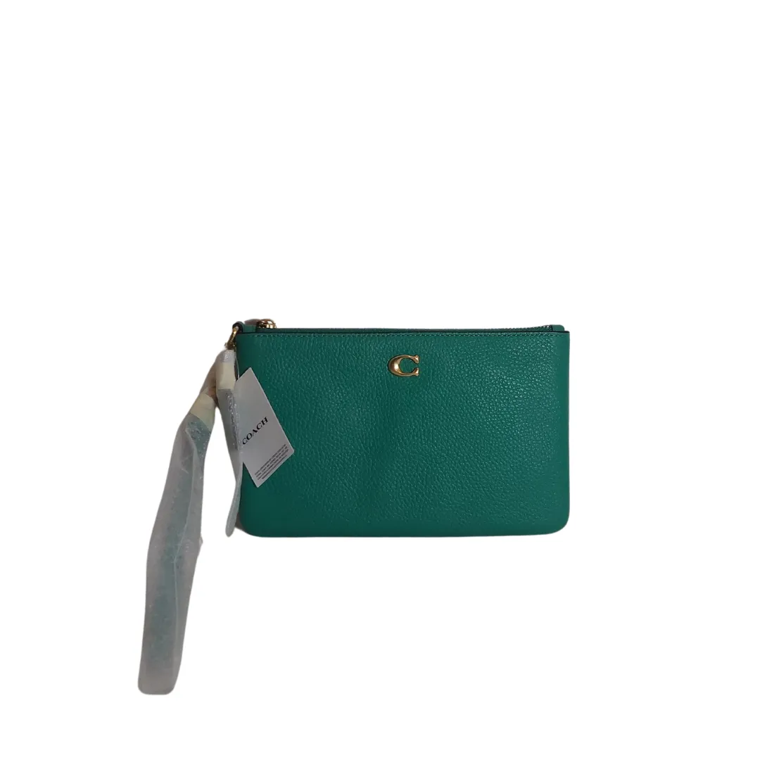 Coach Bright Green Polished Pebbled Leather Wristlet | Brand New |