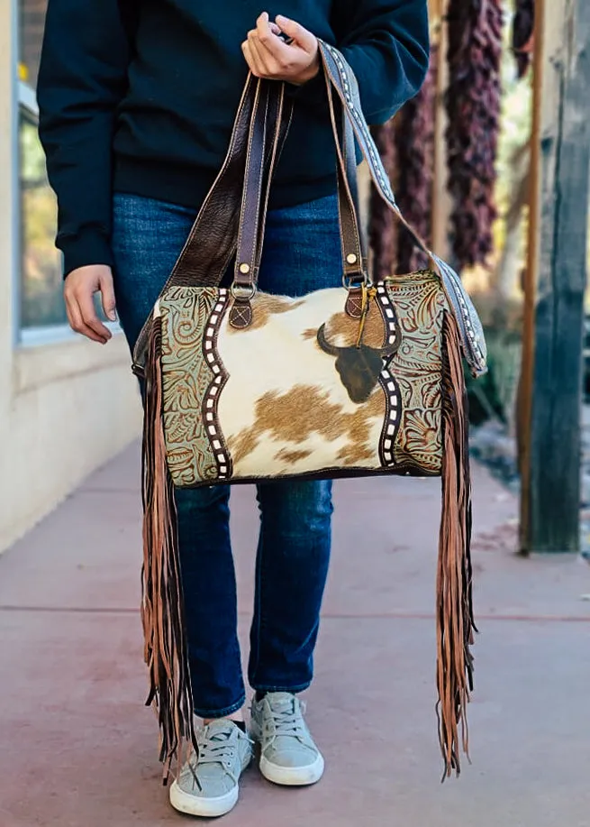 Cowhide & Steer Skull Crossbody Handbag