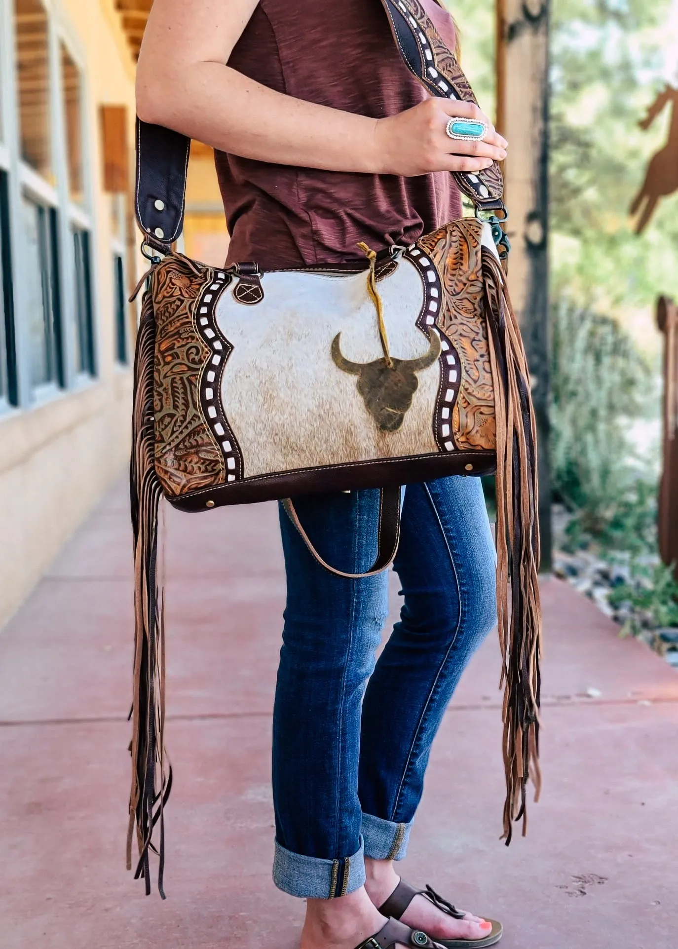 Cowhide & Steer Skull Crossbody Handbag