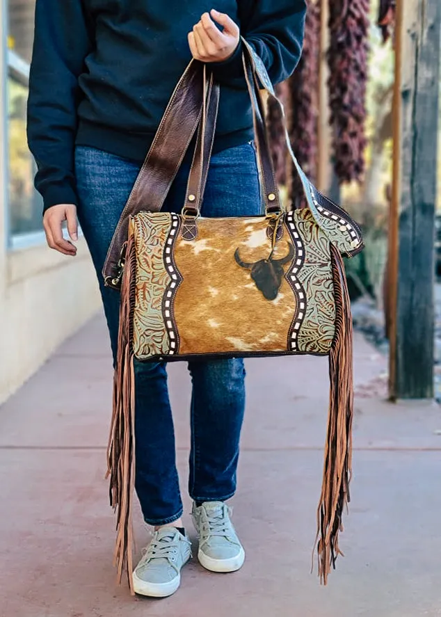 Cowhide & Steer Skull Crossbody Handbag