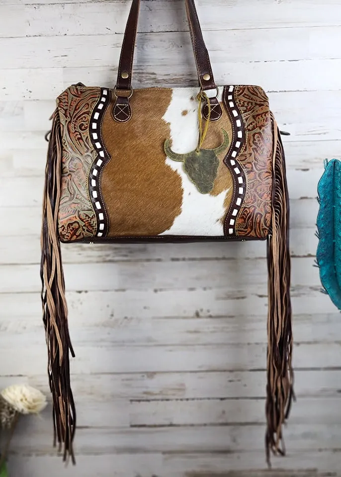 Cowhide & Steer Skull Crossbody Handbag