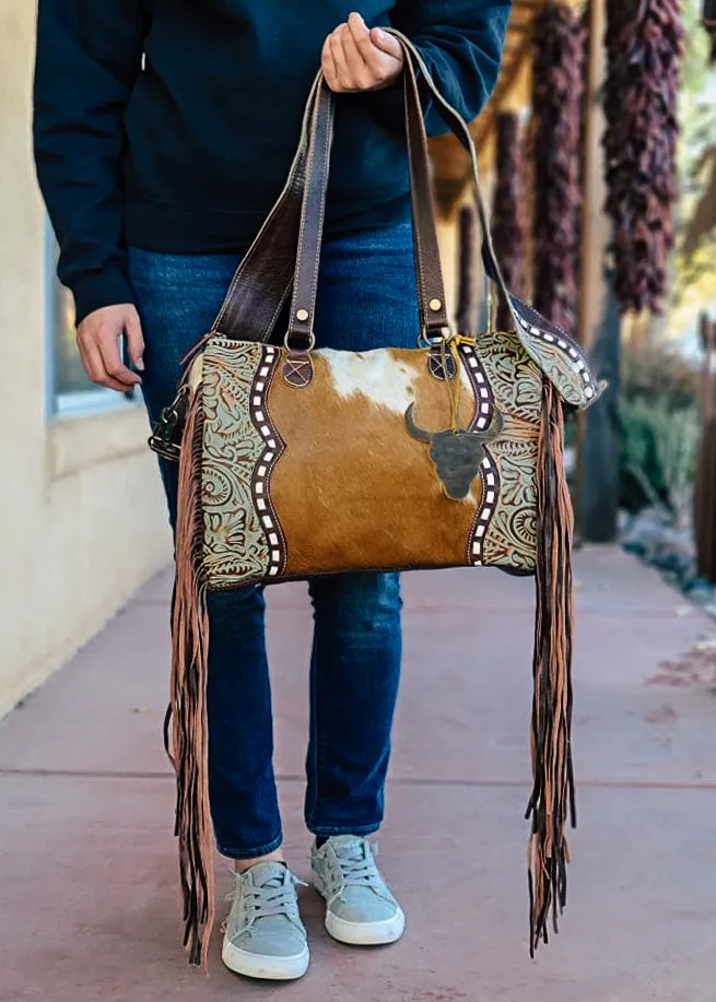 Cowhide & Steer Skull Crossbody Handbag