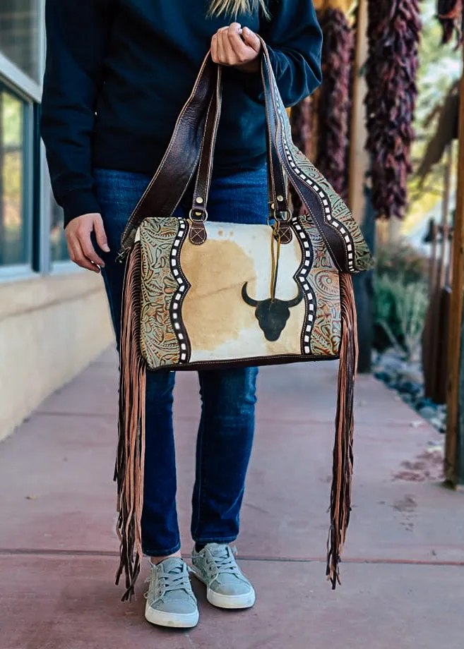 Cowhide & Steer Skull Crossbody Handbag