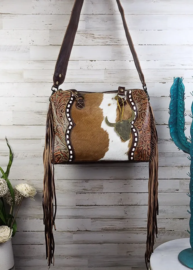 Cowhide & Steer Skull Crossbody Handbag