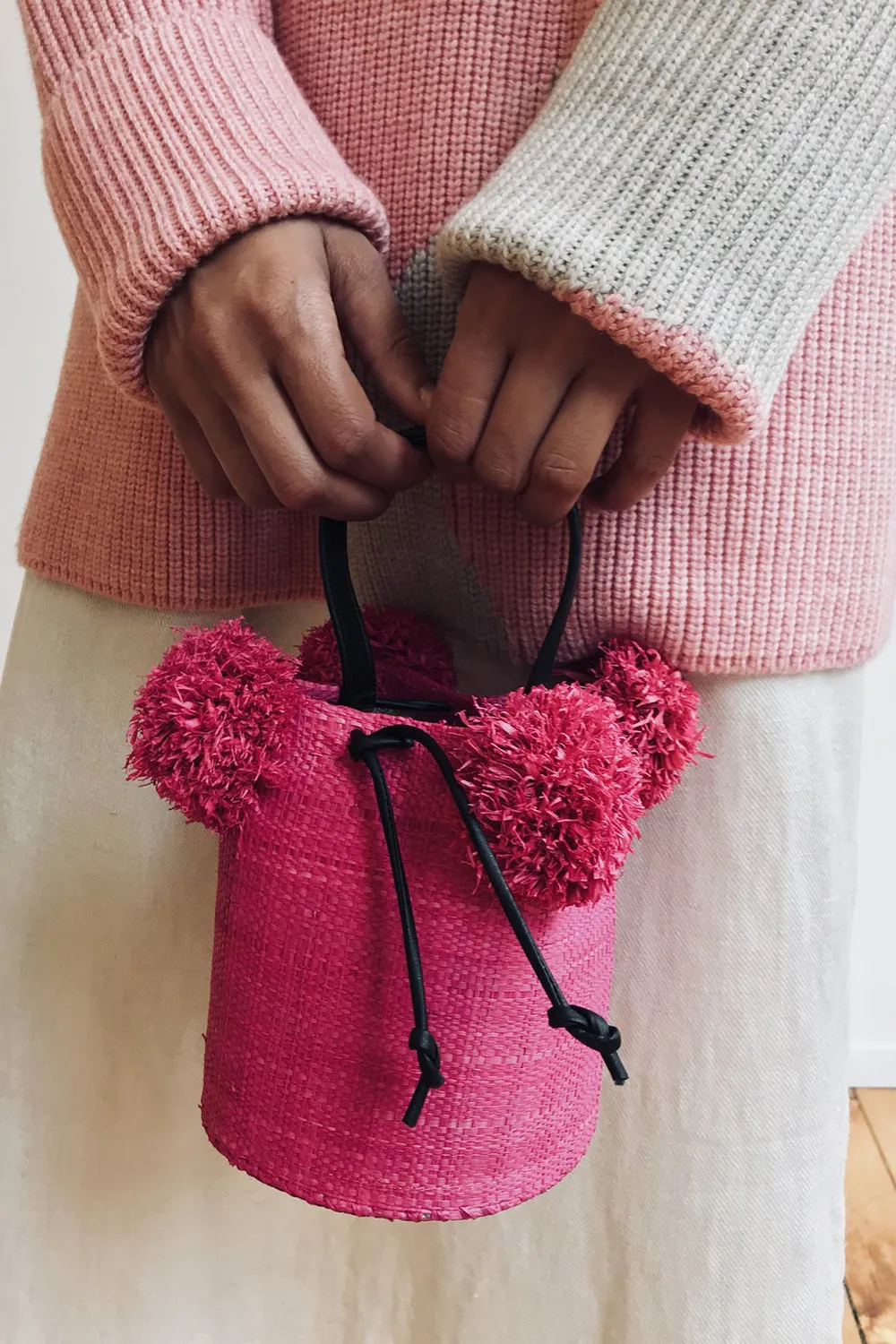 Edun Raffia Mini Pom Pom Bag in Pink