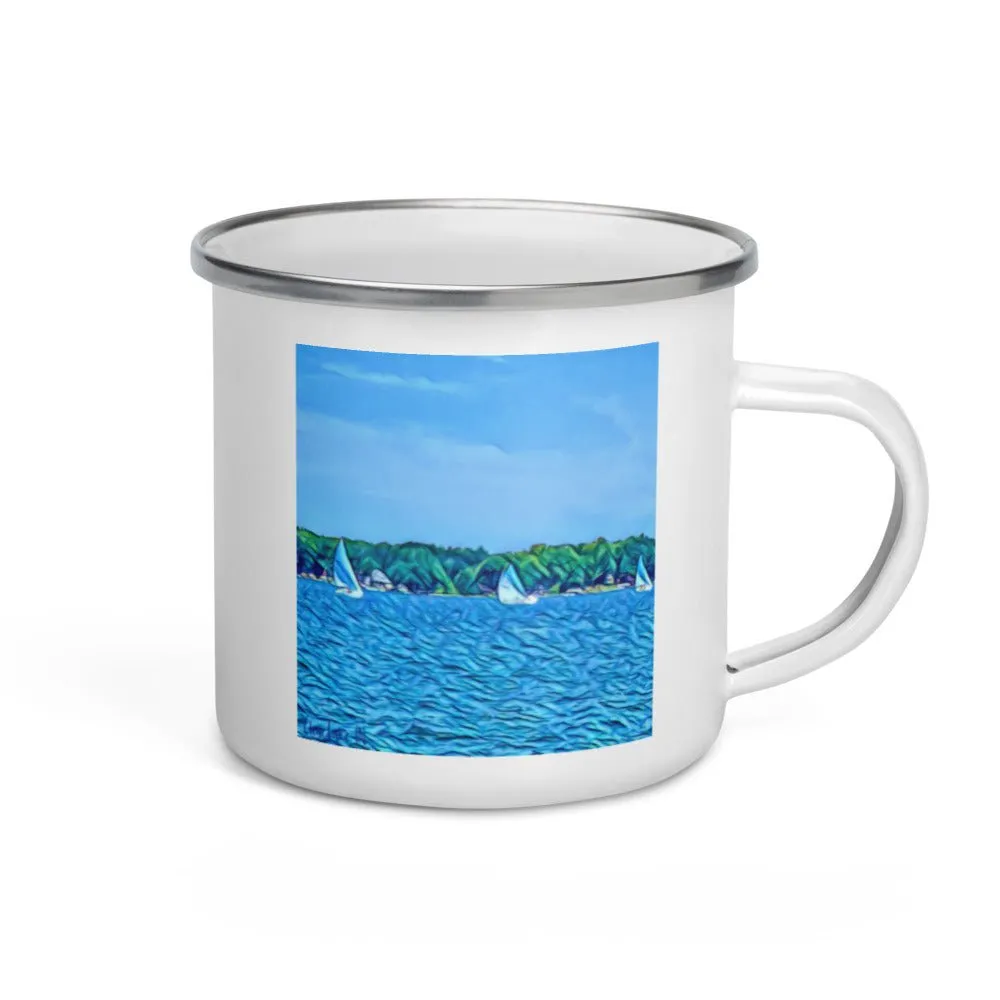 Enamel Mug with Scenic Lake Life Art from Clear Lake Indiana. Perfect Travel or Camping Coffee Cup.