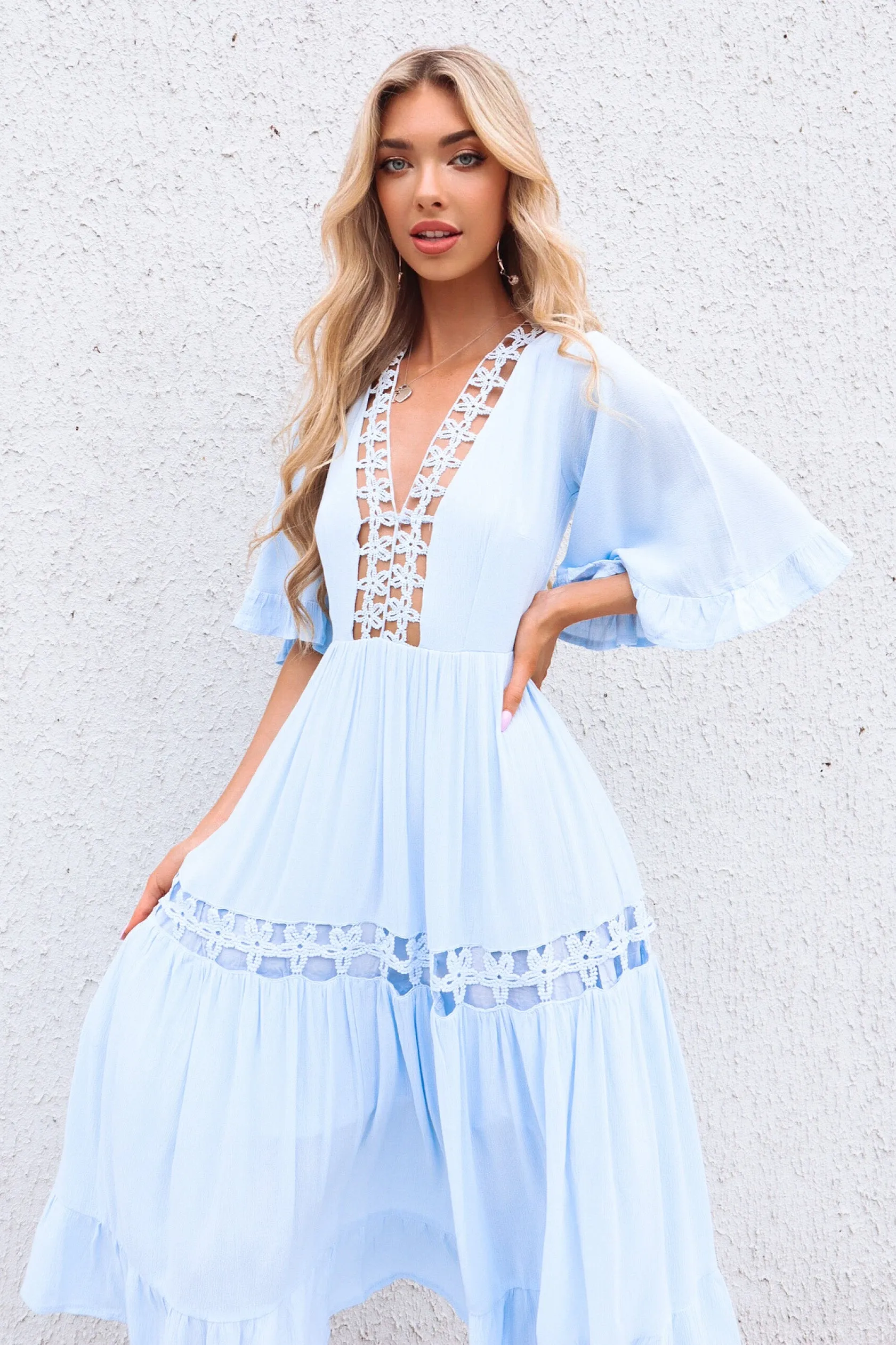 Flora Boho Midi Dress - Baby Blue