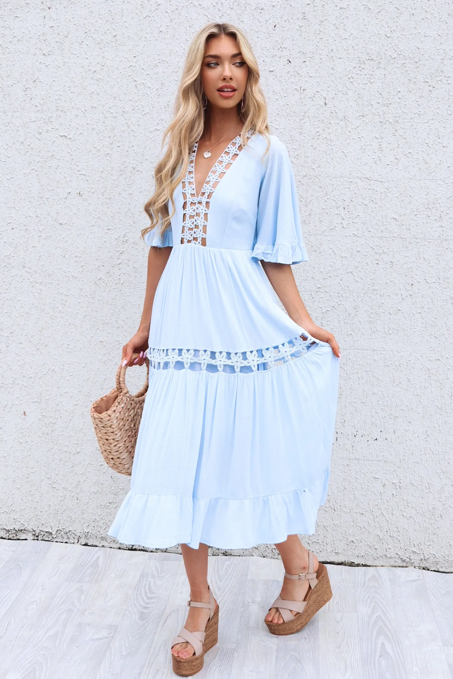 Flora Boho Midi Dress - Baby Blue