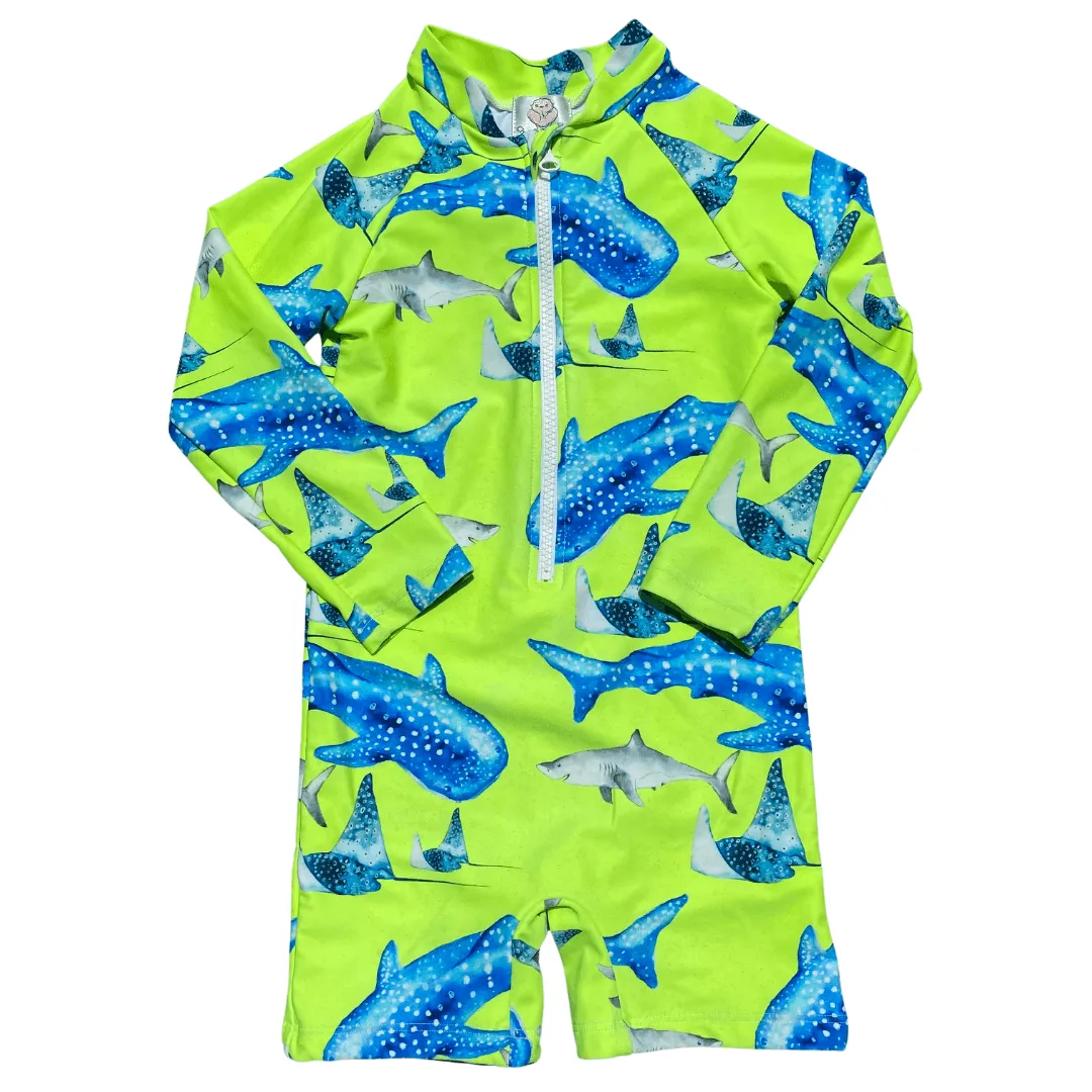 Optimized title: Unisex Long-Sleeve Zip Swimsuit in Fluorescent Green with Shark Pattern