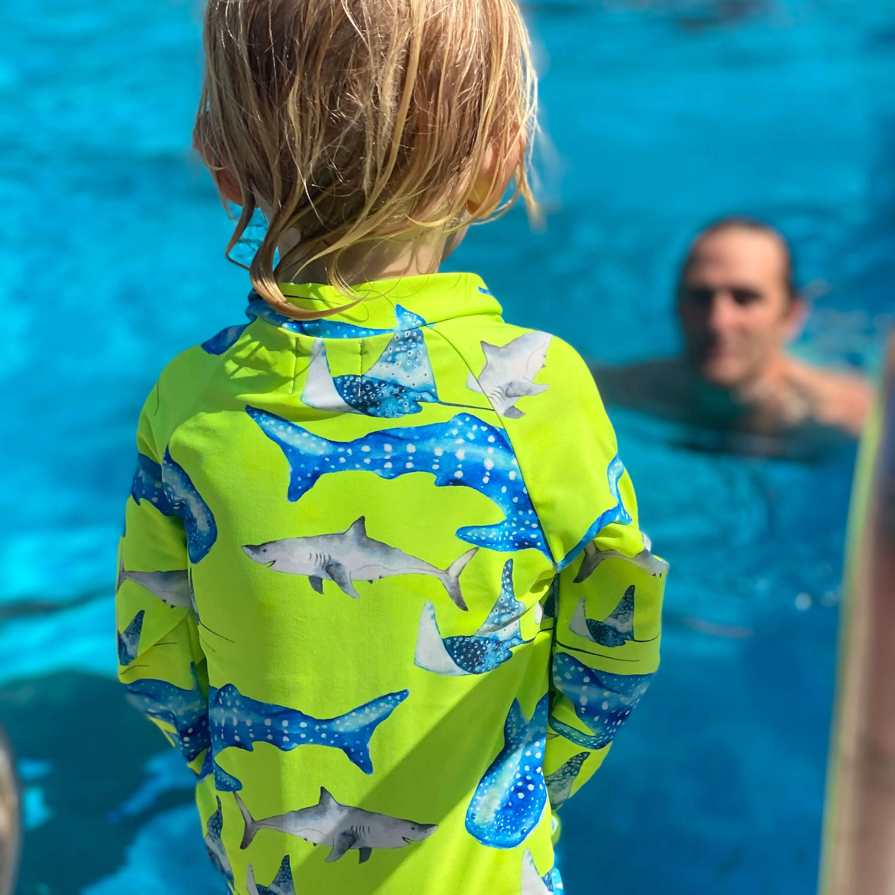 Optimized title: Unisex Long-Sleeve Zip Swimsuit in Fluorescent Green with Shark Pattern