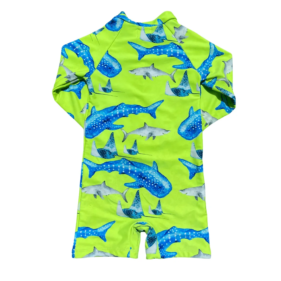 Optimized title: Unisex Long-Sleeve Zip Swimsuit in Fluorescent Green with Shark Pattern