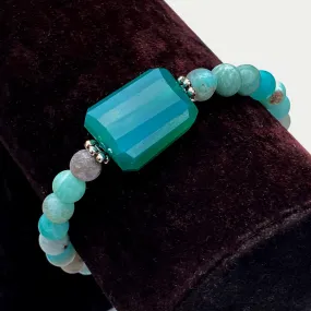 Green onyx, Amazonite Gemstone, Natural Turquoise, and Sterling Silver Stretch Bracelet