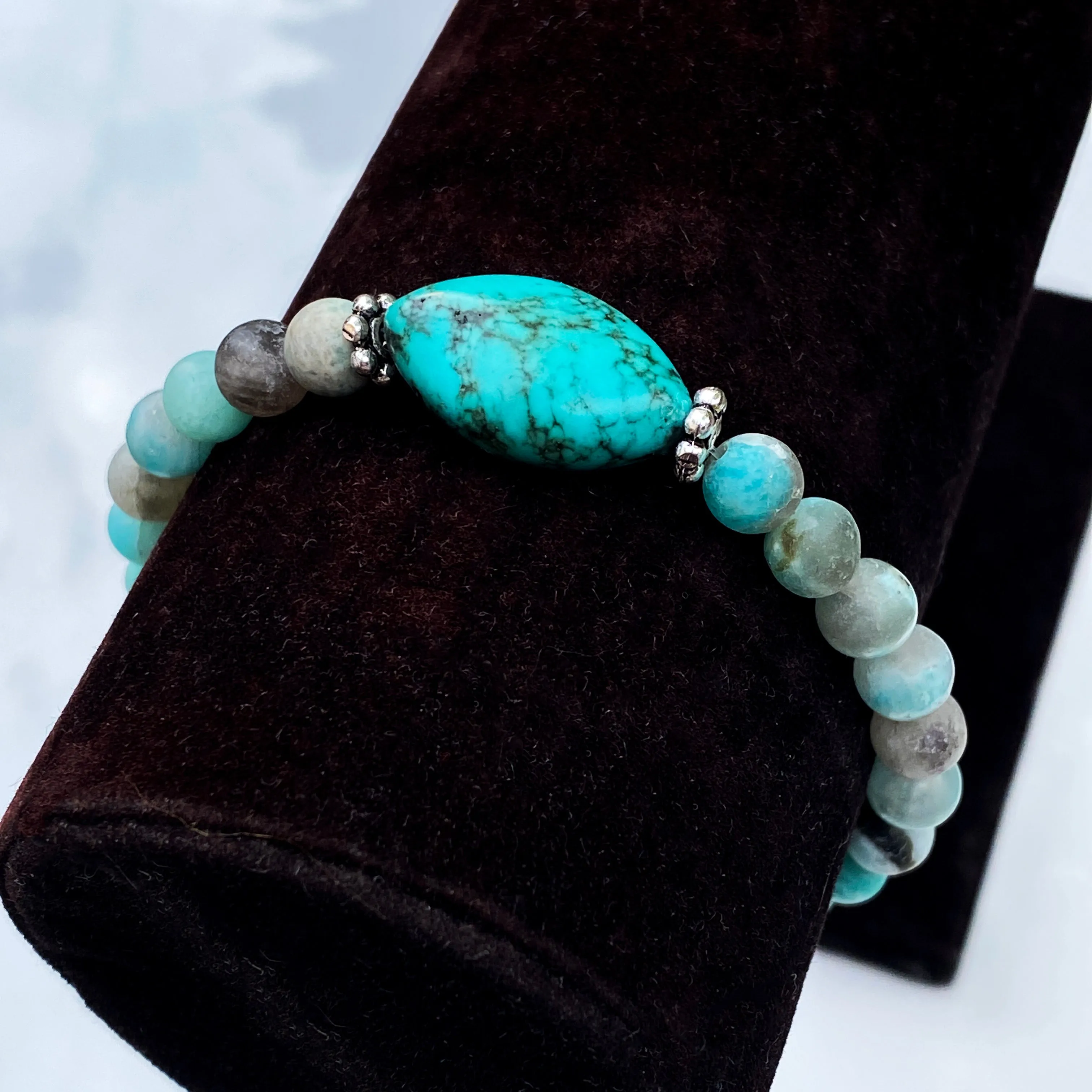 Green onyx, Amazonite Gemstone, Natural Turquoise, and Sterling Silver Stretch Bracelet