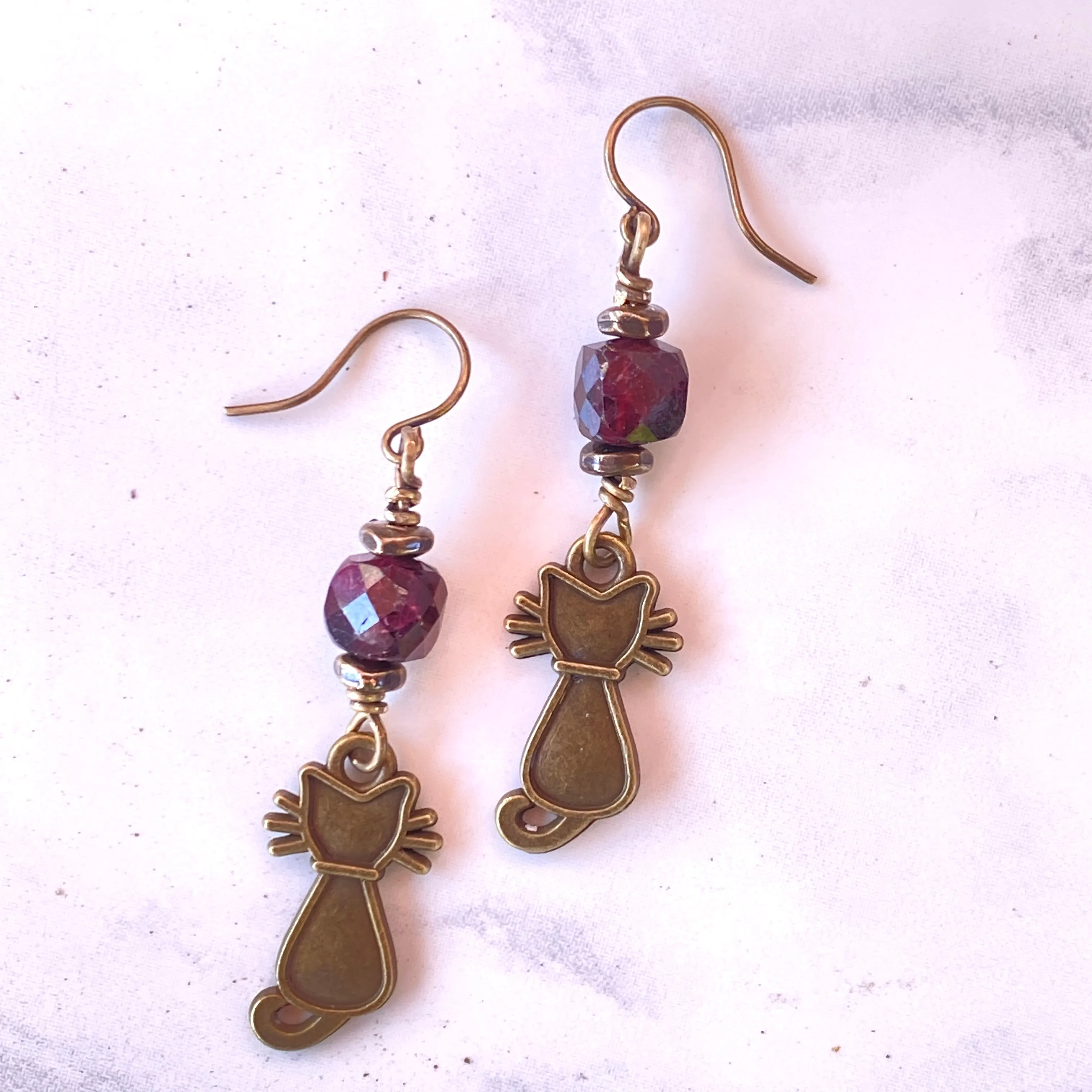 Hello Cat gemstone and brass Earrings