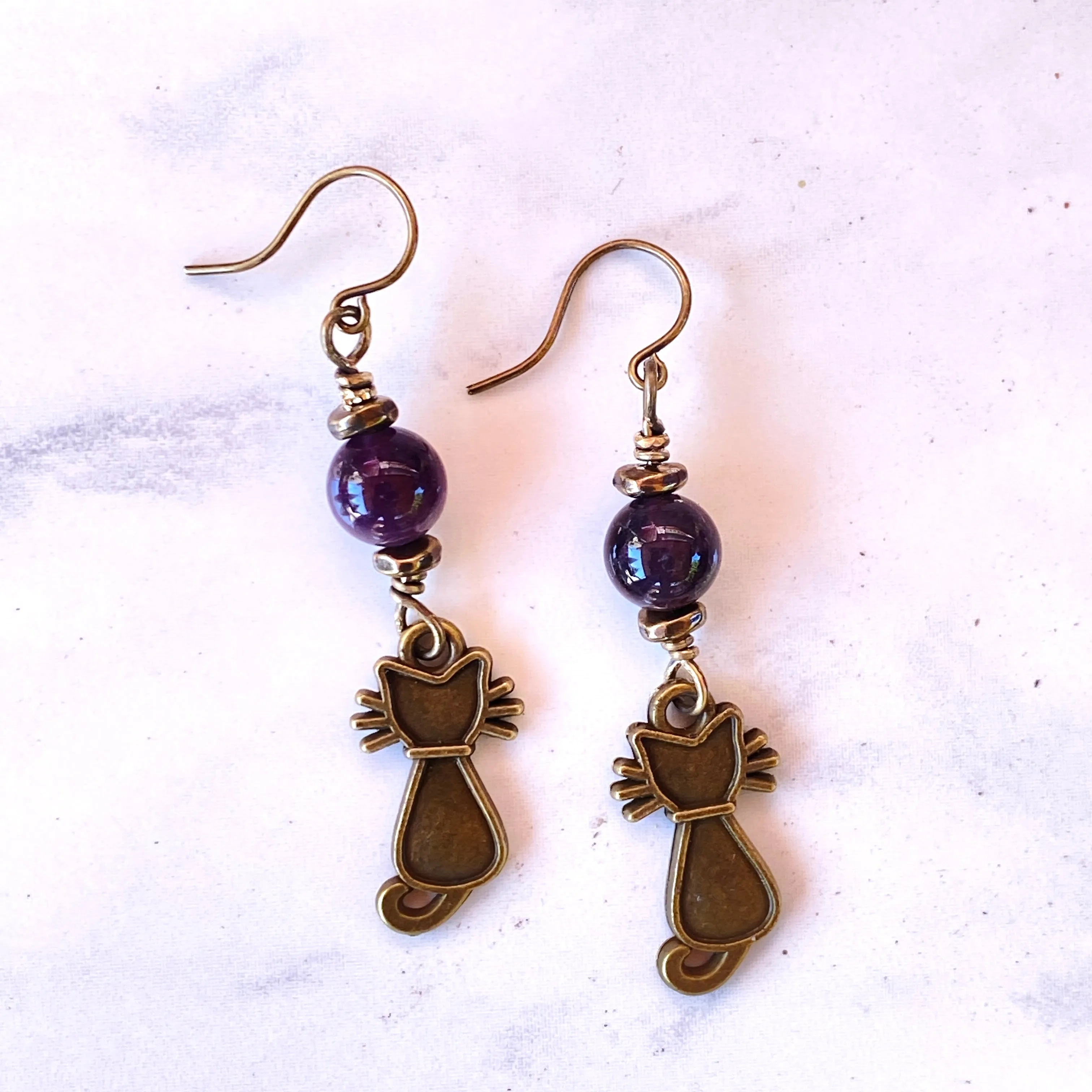 Hello Cat gemstone and brass Earrings