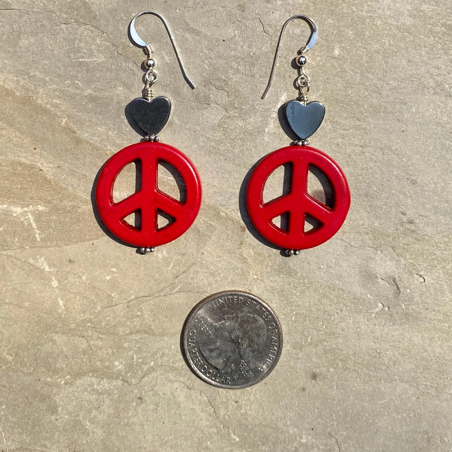 Howlite Peace Sign w/ Hematite Heart Drop Earrings in Choice of colors