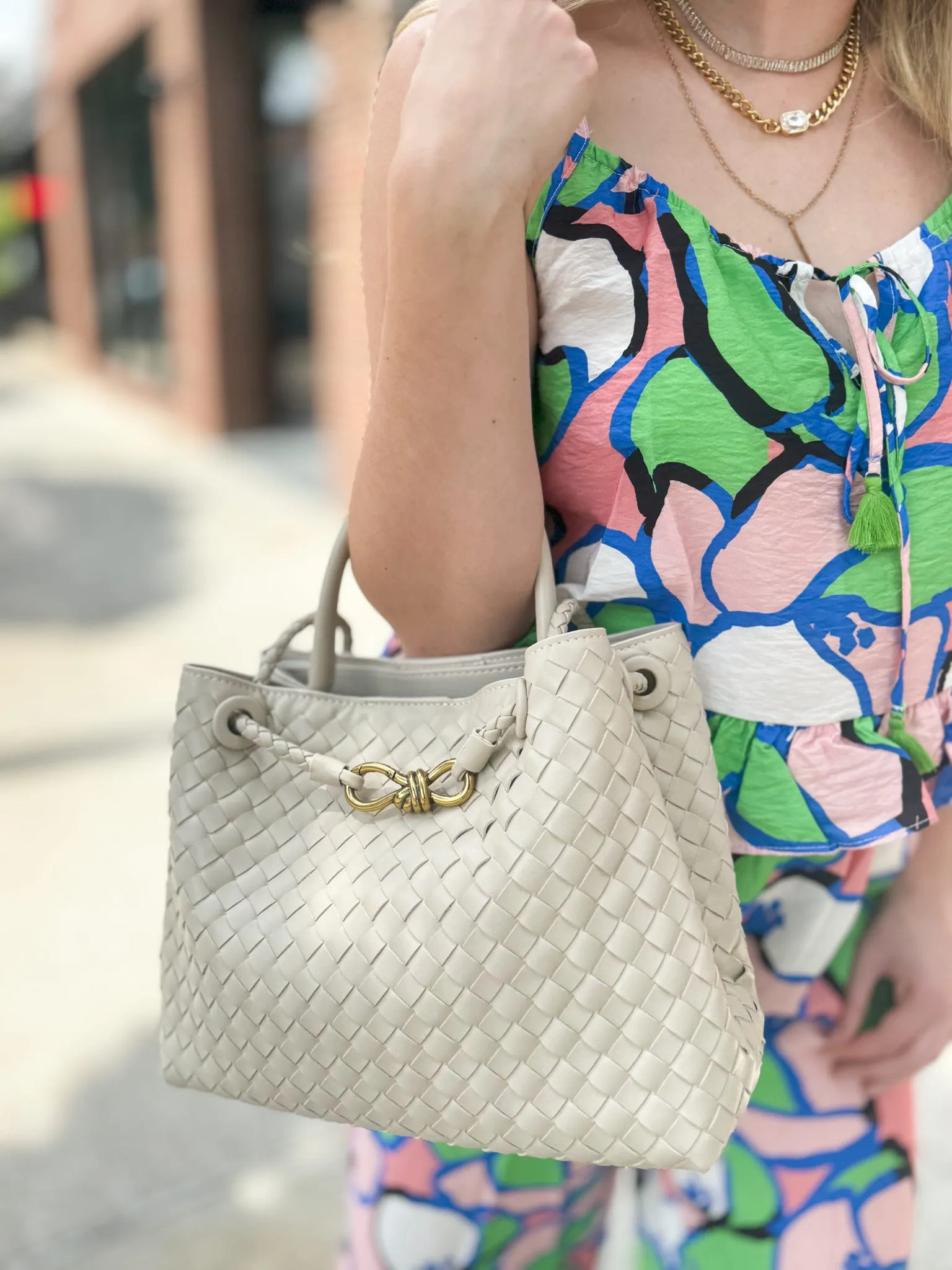 Ivory Quilted Handbag with Gold Detail