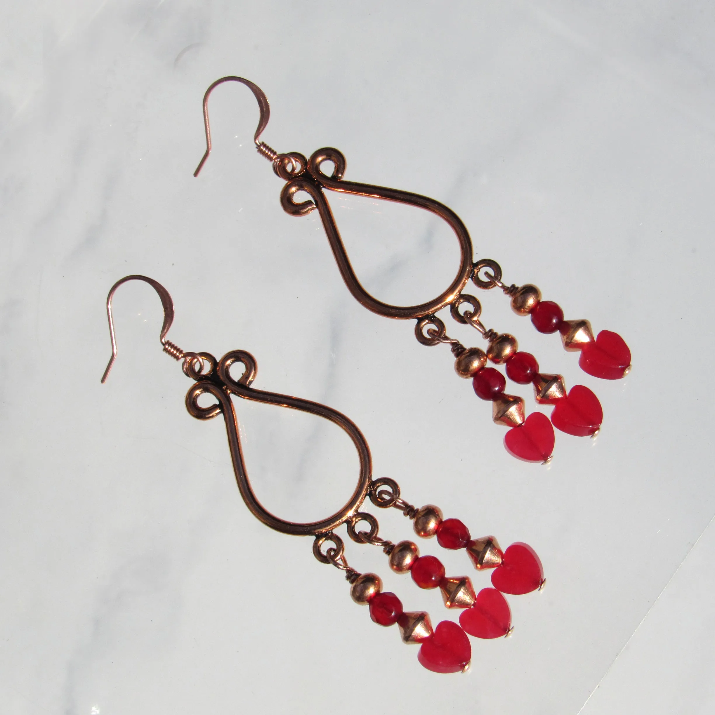 Jade gemstone hearts, Red agates, and copper chandelier earrings