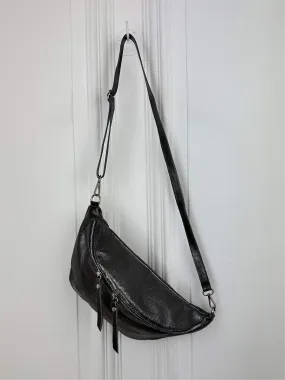 Leather Double Zip Bumbag - Pewter