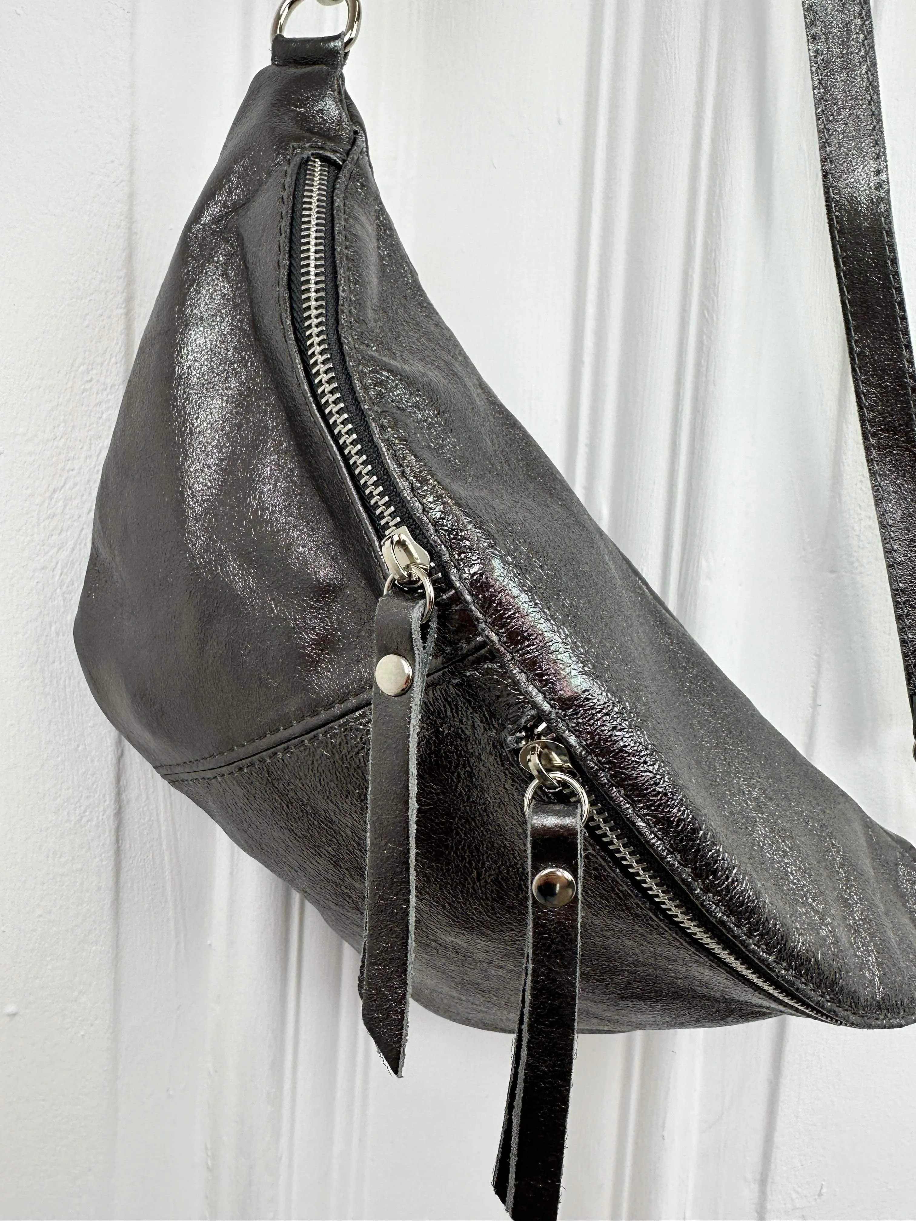 Leather Double Zip Bumbag - Pewter