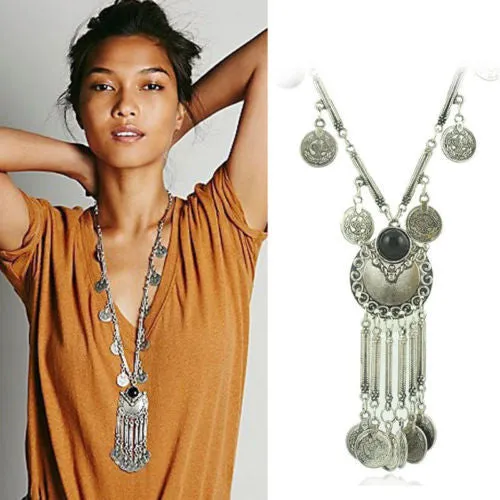 Long Gypsy Coin Necklace Silver Tone With Black Stone Center Dangling Jingling Coins Bohemian Jewelry