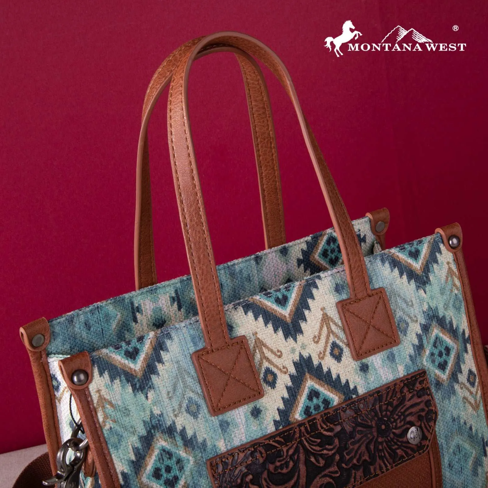 Montana West Allover Aztec Floral Tooled Crossbody Canvas Tote