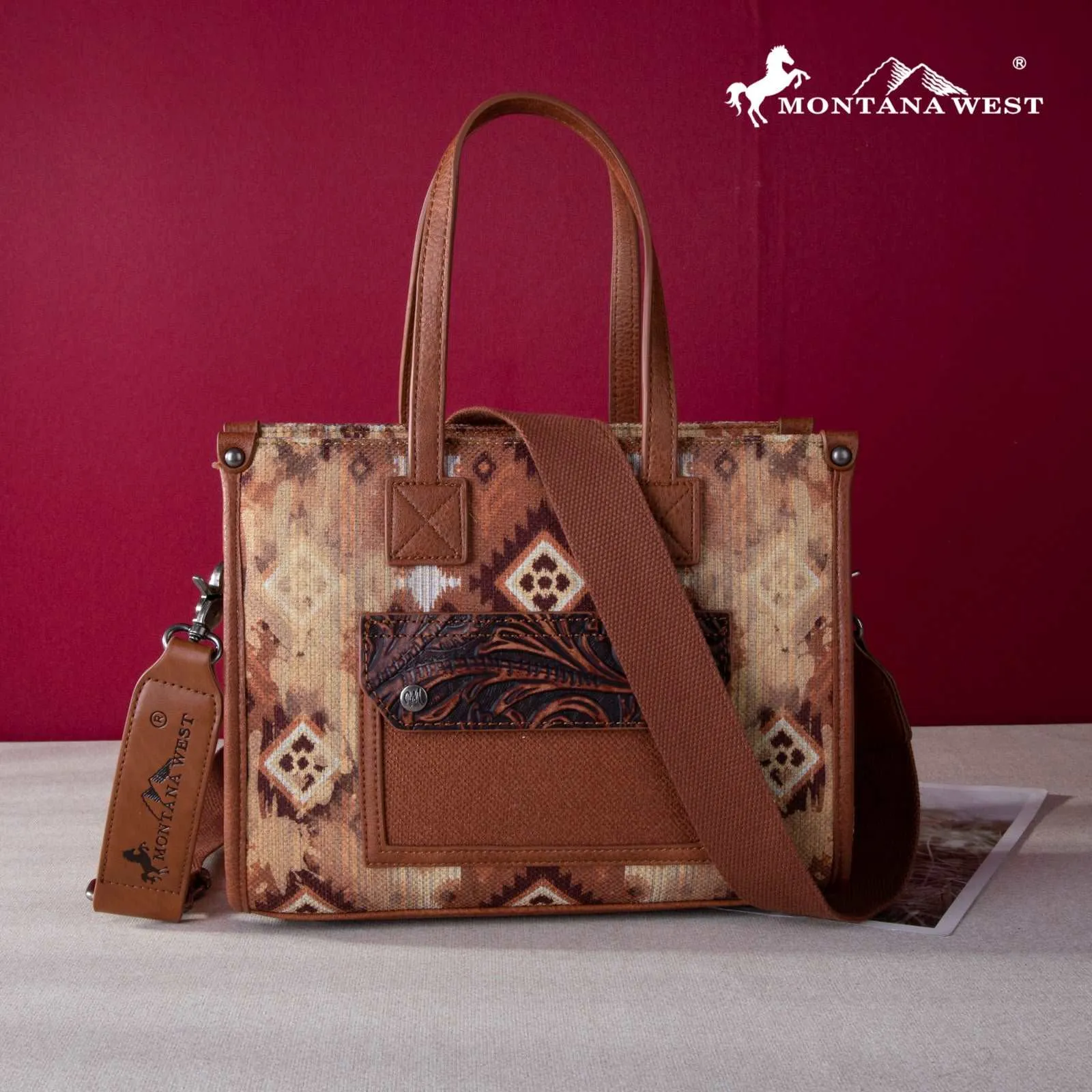 Montana West Allover Aztec Floral Tooled Crossbody Canvas Tote