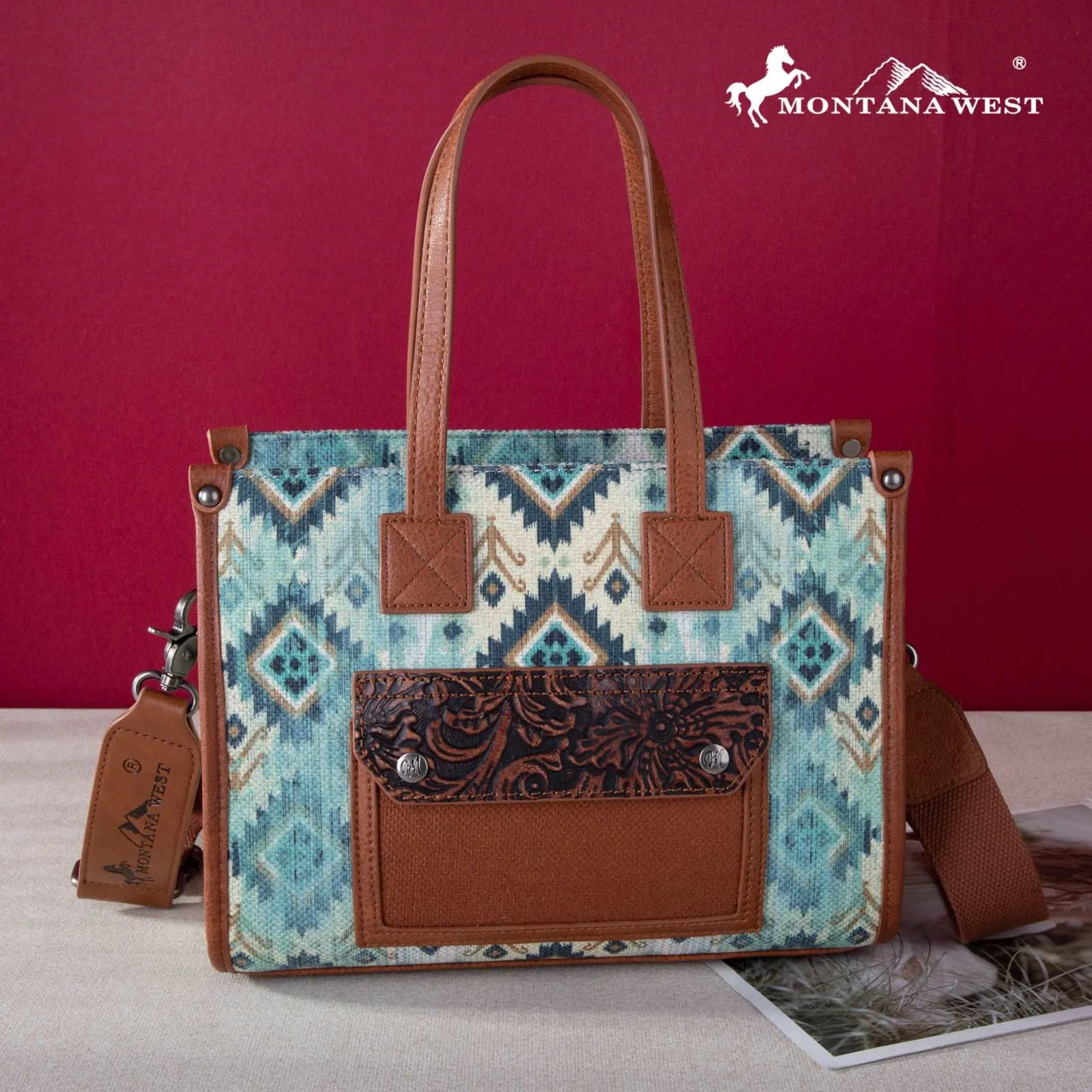 Montana West Allover Aztec Floral Tooled Crossbody Canvas Tote