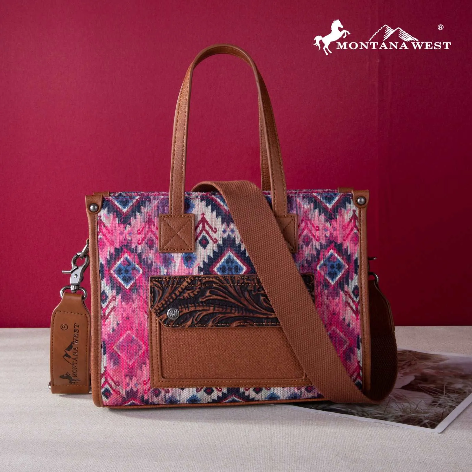 Montana West Allover Aztec Floral Tooled Crossbody Canvas Tote