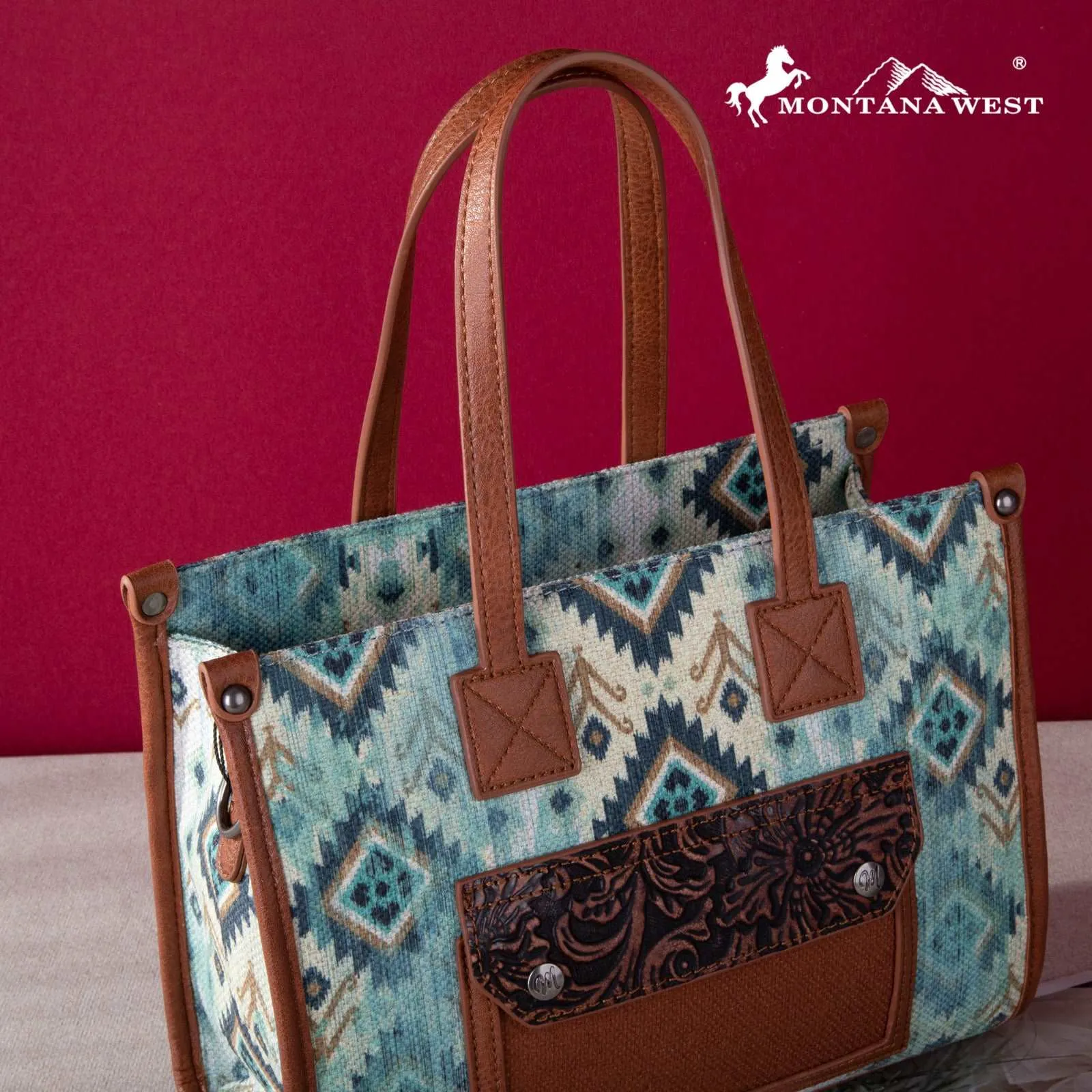 Montana West Allover Aztec Floral Tooled Crossbody Canvas Tote