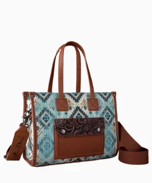 Montana West Allover Aztec Floral Tooled Crossbody Canvas Tote