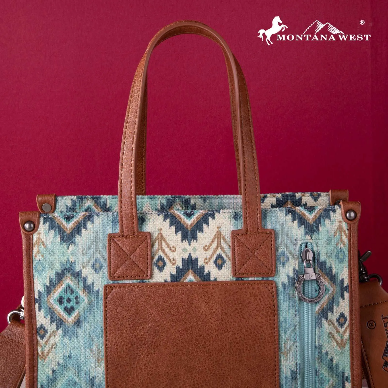 Montana West Allover Aztec Floral Tooled Crossbody Canvas Tote