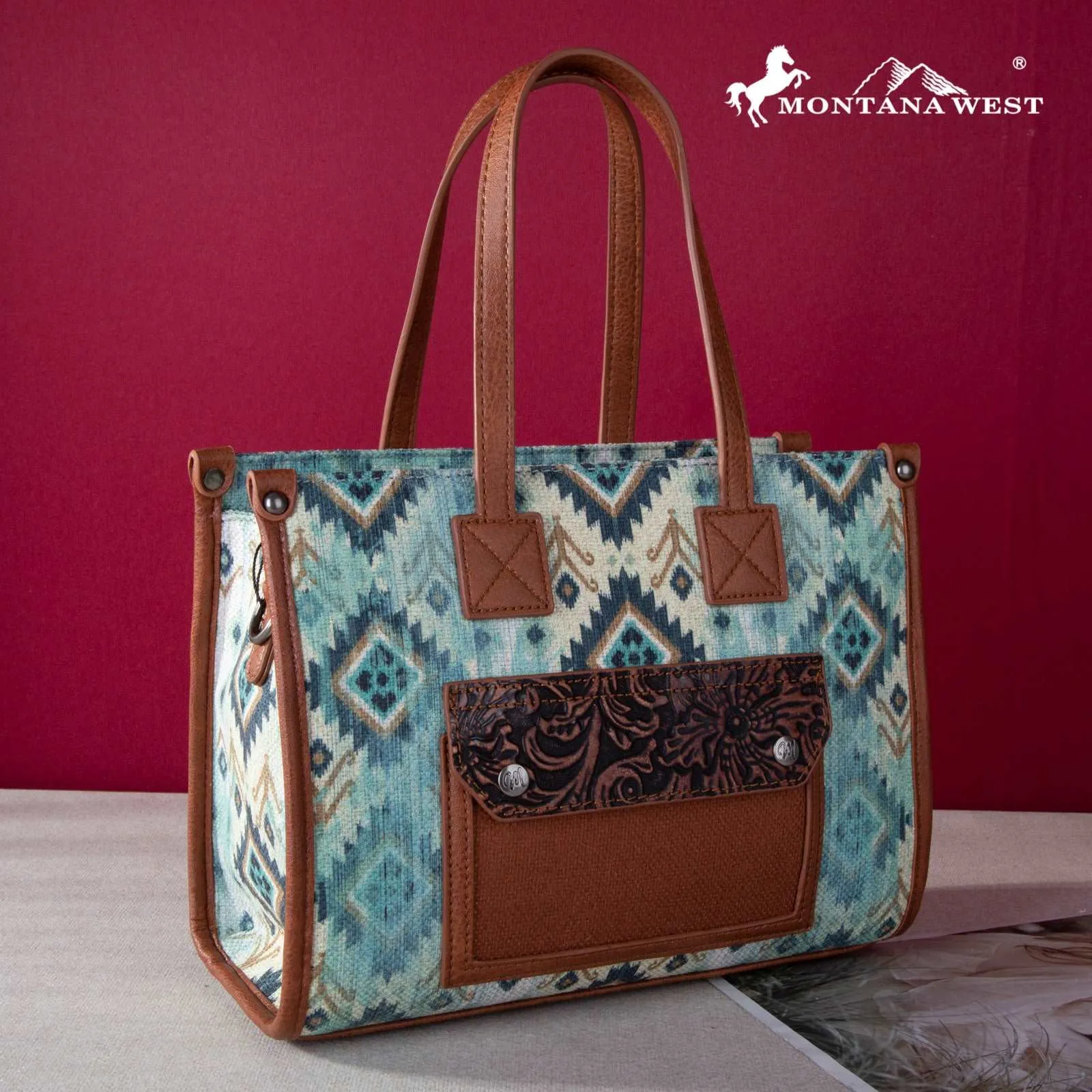 Montana West Allover Aztec Floral Tooled Crossbody Canvas Tote