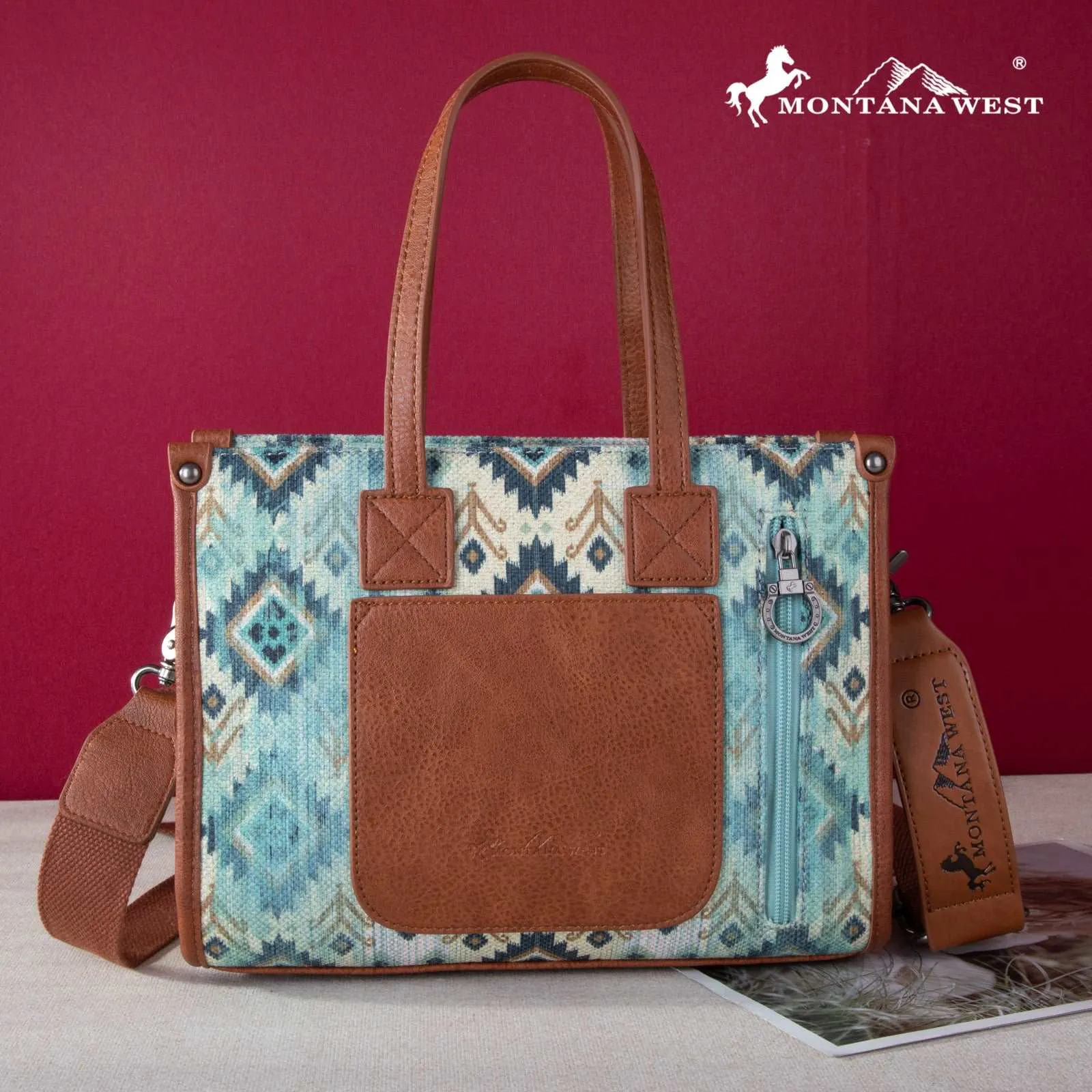 Montana West Allover Aztec Floral Tooled Crossbody Canvas Tote